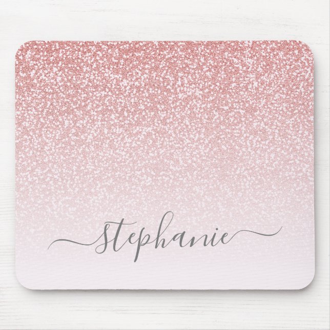 Rose Gold Glitter Ombre Script Name Mouse Mat (Front)
