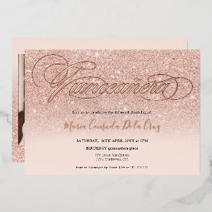 Rose gold glitter ombre script pink quinceañera