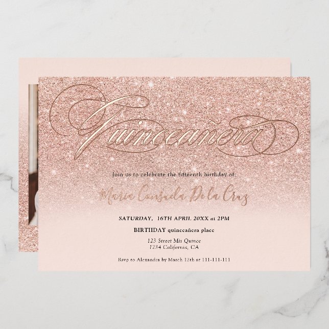 Rose gold glitter ombre script pink quinceañera (Front/Back)