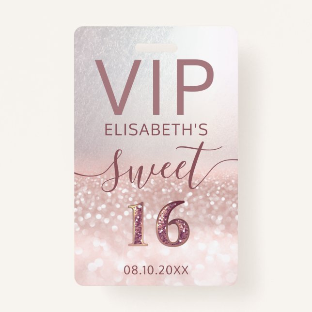 Rose gold glitter ombre script Sweet 16 VIP  Badge ID Badge (Front)