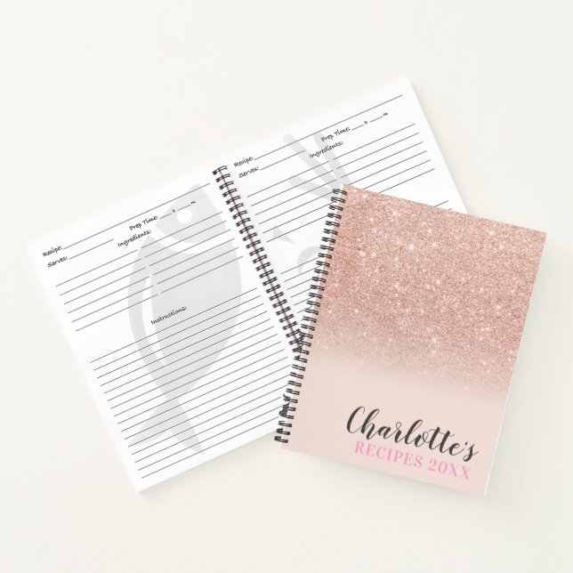 Rose gold glitter ombre sparkle blush pink recipes notebook (Inside)