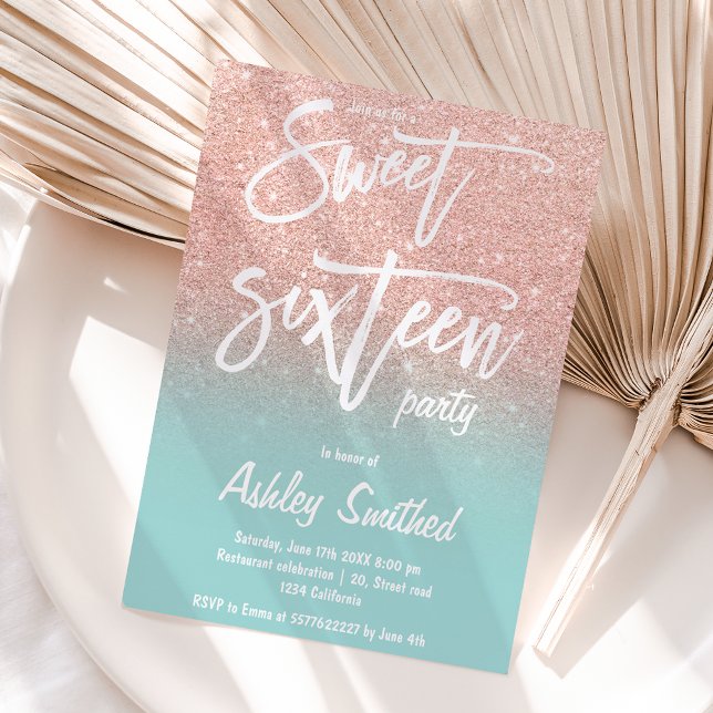 Rose gold glitter ombre teal typography Sweet 16 Invitation (Creator Uploaded)