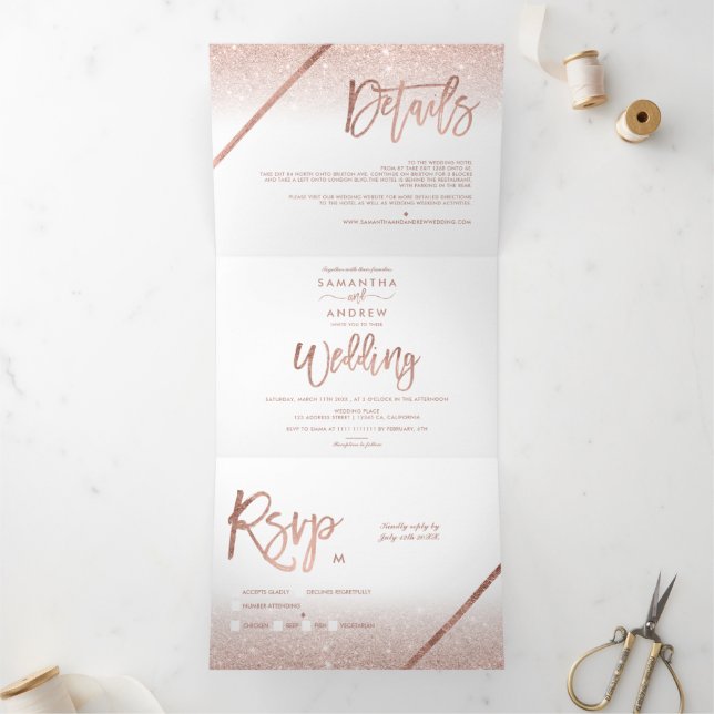 Rose gold glitter ombre typography white wedding Tri-Fold invitation (Inside)