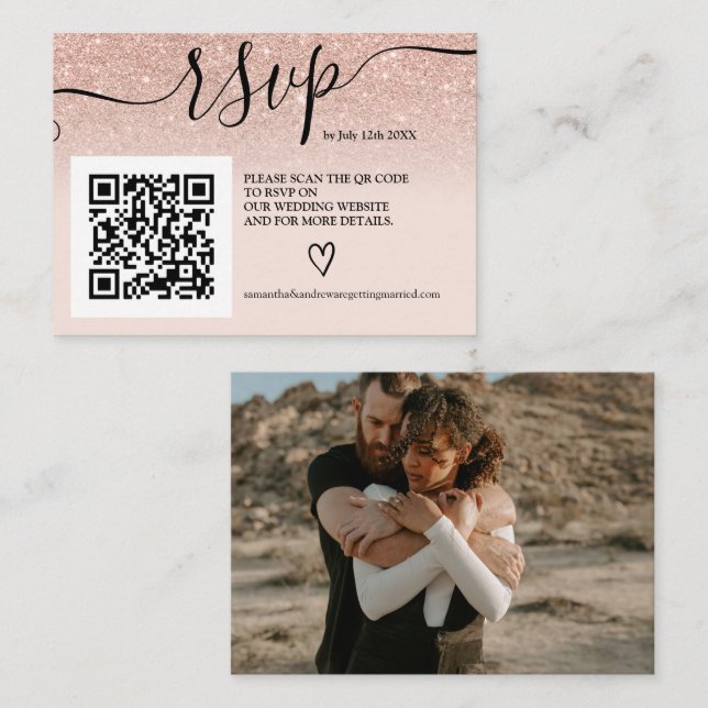 Rose gold glitter ombre wedding rsvp Qr code photo Enclosure Card (Front/Back)