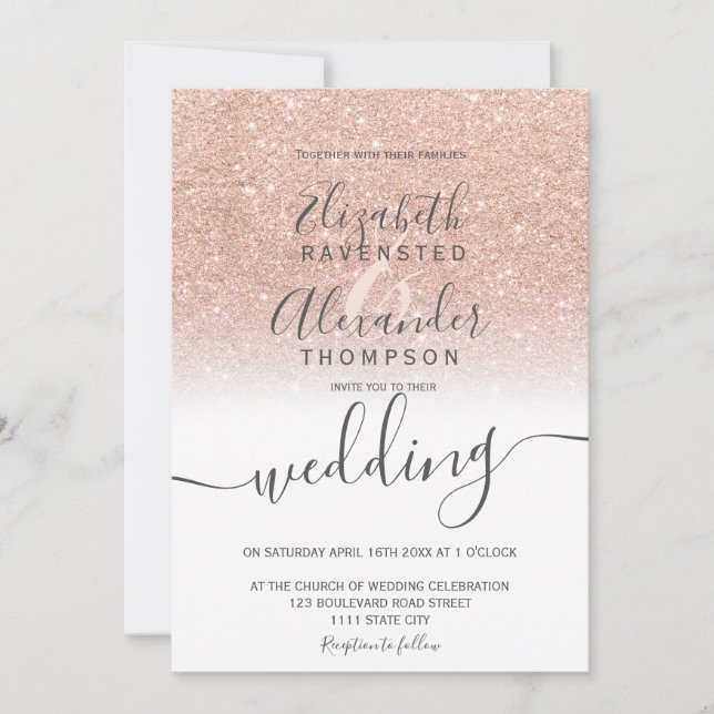 Rose gold glitter ombre white script chic wedding invitation (Front)
