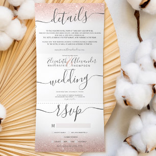 Rose gold glitter ombre white script chic wedding Tri-Fold invitation