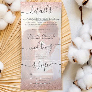 Rose gold glitter ombre white script photo wedding Tri-Fold invitation