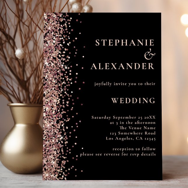 Rose Gold Glitter on Black QR Code Wedding Invitation (Creator Uploaded)