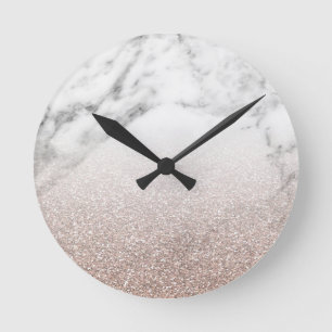 Rose gold glitter on marble round clock