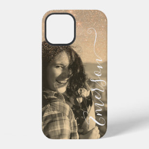 Rose Gold Glitter Overlay Sepia Photo Template iPhone 12 Case