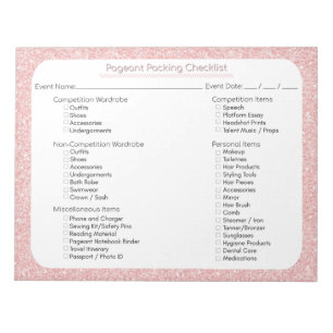 Rose Gold Glitter Pageant Packing Checklist Notepad