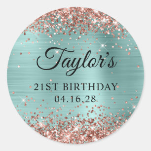 Rose Gold Glitter Pale Teal Foil 21st Birthday Classic Round Sticker