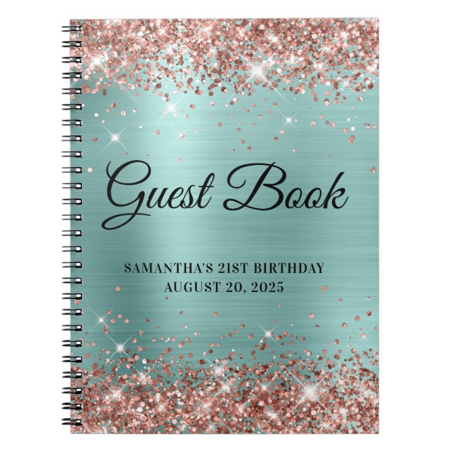 Rose Gold Glitter Pale Turquoise 21st Birthday Notebook (Front)