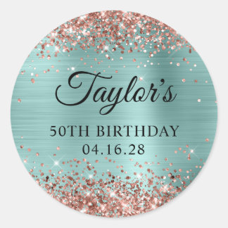 Rose Gold Glitter Pale Turquoise 50th Birthday Classic Round Sticker