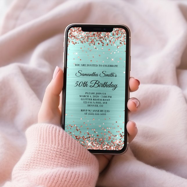 Rose Gold Glitter Pale Turquoise 50th Birthday Invitation (Rose Gold Glitter Pale Turquoise 50th Birthday Invitation)