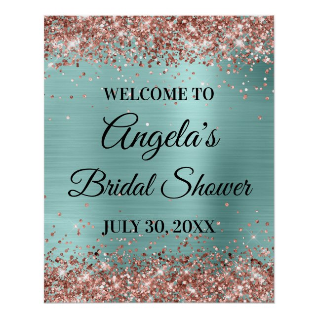 Rose Gold Glitter Pale Turquoise Bridal Shower Poster (Front)