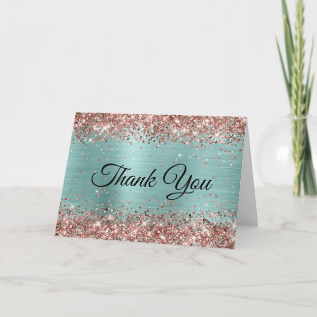 Rose Gold Glitter Pale Turquoise Foil Thank You Card (Front)