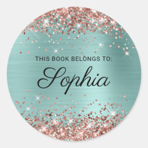 Rose Gold Glitter Pale Turquoise Girly Book Classic Round Sticker