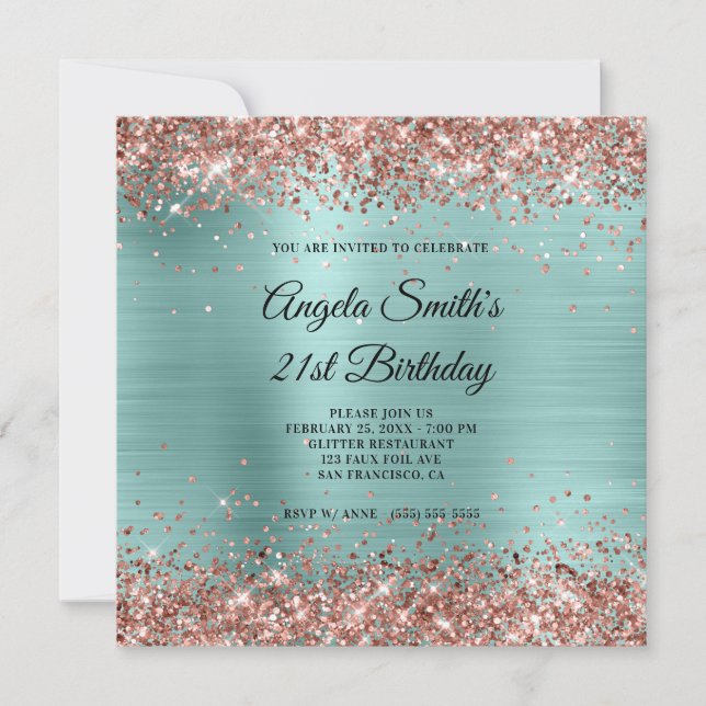 Rose Gold Glitter Pale Turquoise Monogram Invitation (Front)