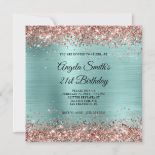 Rose Gold Glitter Pale Turquoise Monogram Invitation