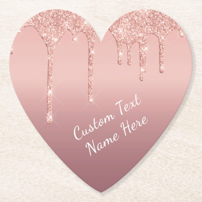 Rose Gold Glitter Paper Coaster with Custom Text (Front)