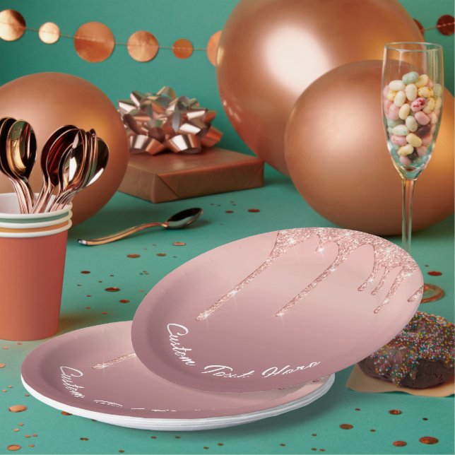 Rose Gold Glitter Paper Plates Personalised Text (Multi)
