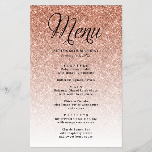 Rose Gold Glitter Party Menu (Front)