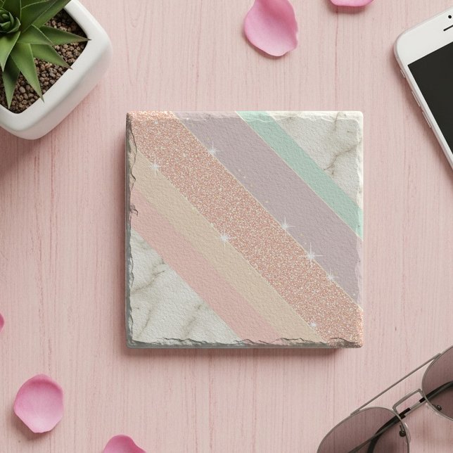 Rose Gold Glitter Pastel Marble Diagonal Stripes Stone Coaster (Creator Uploaded)