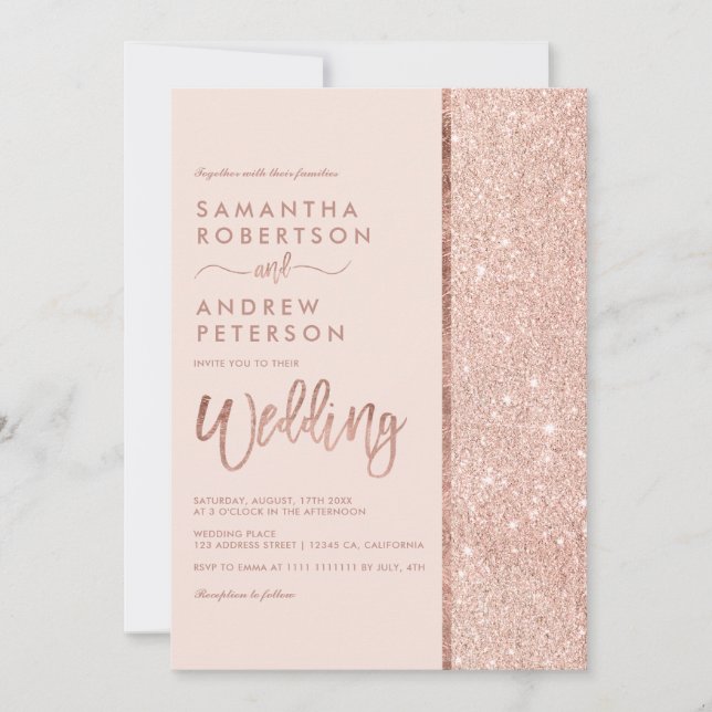 Rose gold glitter pastel pink colour block wedding invitation (Front)