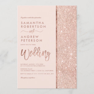 Rose gold glitter pastel pink colour block wedding invitation