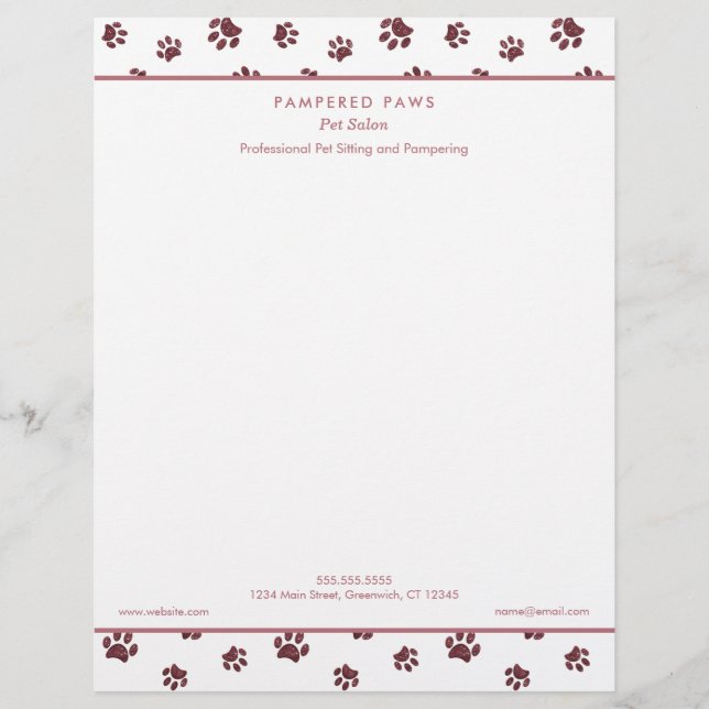 Rose Gold Glitter Paw Print Professional Pet Salon Custom Letterhead (Front)