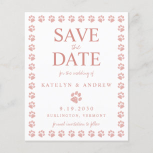 Rose Gold Glitter Paw Print Save The Date Postcard