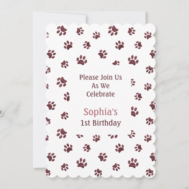 Rose Gold Glitter Paw Prints Pet Birthday Invite (Front)