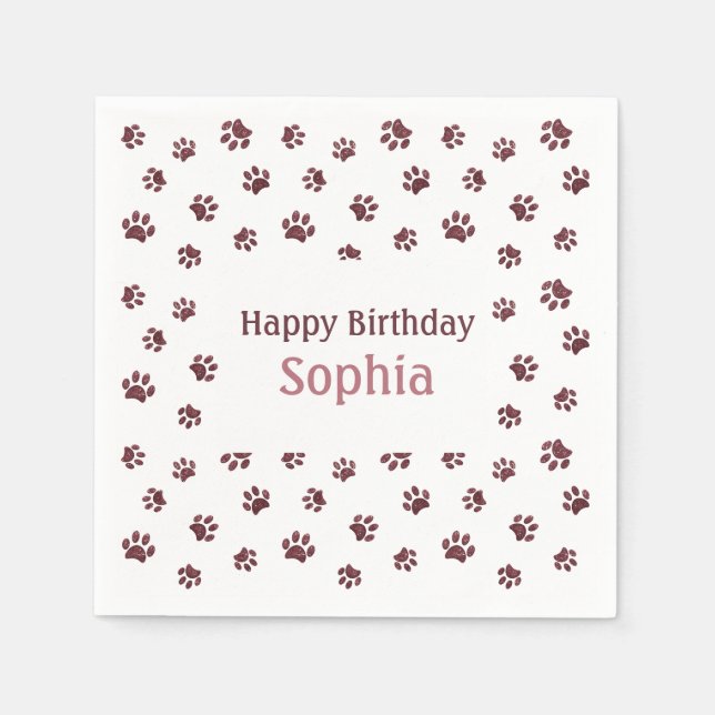 Rose Gold Glitter Paw Prints Pet Birthday Party Napkin (Front)
