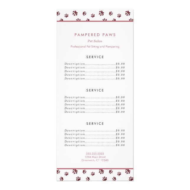 Rose Gold Glitter Paw Prints Pet Salon Services Rack Card (Front)