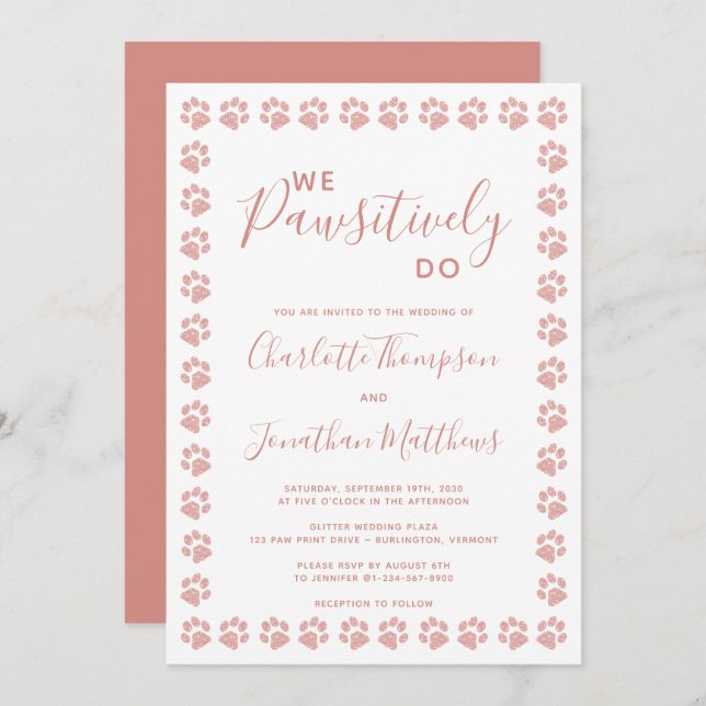 Rose Gold Glitter Paw Prints Wedding Invitation (Front/Back)