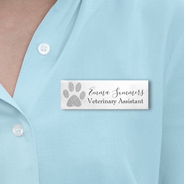 Rose Gold Glitter Paw Veterinary Business  Name Tag (Creator Uploaded)