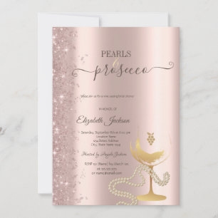 Rose Gold Glitter Pearls Wine Glass Bridal Shower Invitation