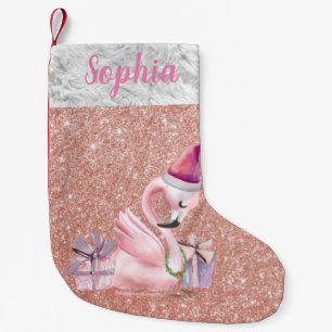 Rose Gold Glitter  Personalised Flamingo Holiday Small Christmas Stocking