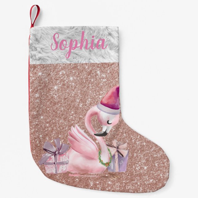Rose Gold Glitter  Personalised Flamingo Holiday Small Christmas Stocking (Front)