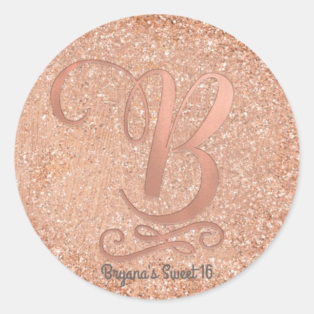 Rose Gold Glitter Personalised Initial Letter B Classic Round Sticker (Front)
