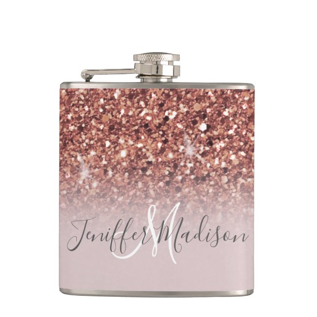 Rose gold glitter Personalised Name                Hip Flask (Front)