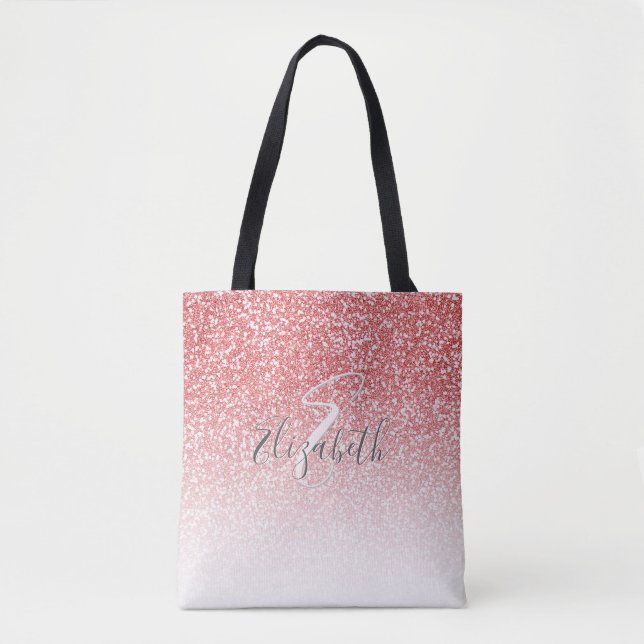 Rose Gold Glitter Personalised Name Monogram Tote Bag (Front)