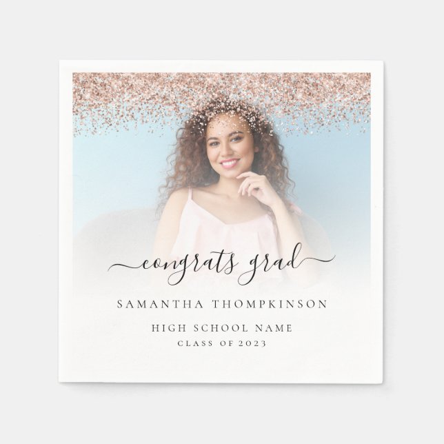 Rose Gold Glitter Photo 2024 Congrats Graduation Napkin (Front)