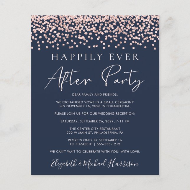 Rose Gold Glitter Photo Blue Reception Invite (Front)