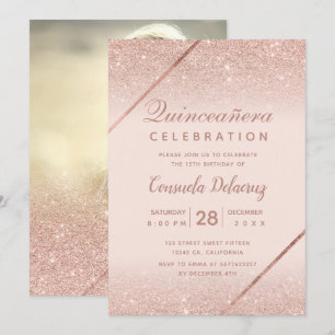 Rose gold glitter photo blush pink Quinceanera Invitation