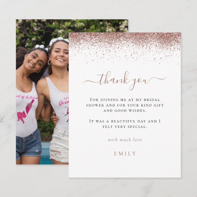 Rose Gold Glitter Photo Bridal Shower Thank You Card (Front/Back)