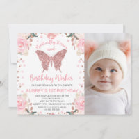 Rose Gold Glitter Photo Butterfly Kisses Birthday