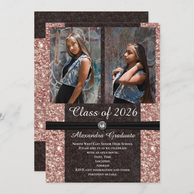Rose Gold Glitter Photo Class of 2025 Graduation Invitation (Front/Back)