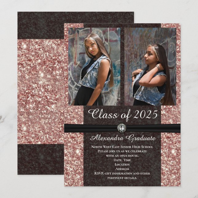 Rose Gold Glitter Photo Class of 2025 Graduation Invitation (Front/Back)